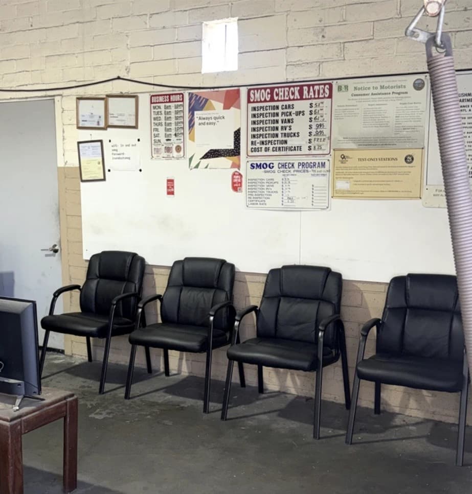 Customer waiting area at In & Out Smog Check in Placentia